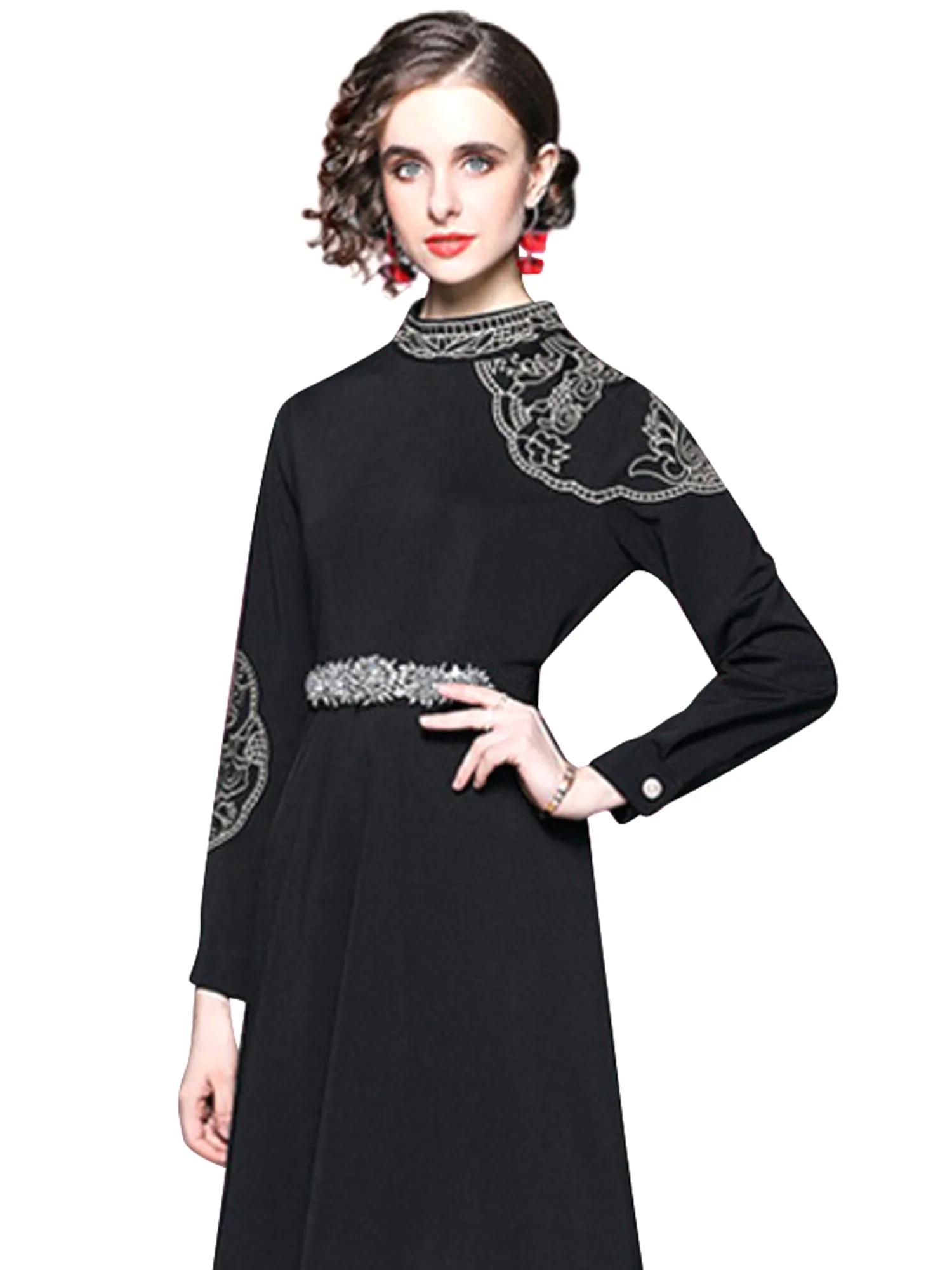 Eterna Long Sleeves Knee Length Elegant Black Cocktail Dress