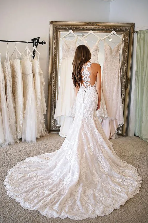 Fabulous Open Back Lace Mermaid V-neck Long Wedding Dresses, Bridal Gowns, SW265