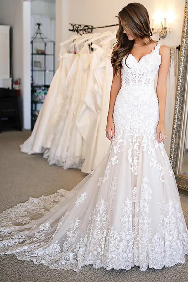 Fabulous Open Back Lace Mermaid V-neck Long Wedding Dresses, Bridal Gowns, SW265