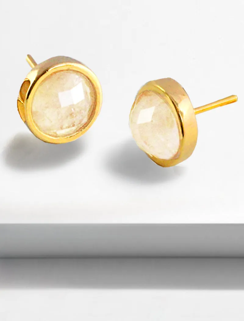 FIRE White Quartz Gemstone 24K Gold Studs