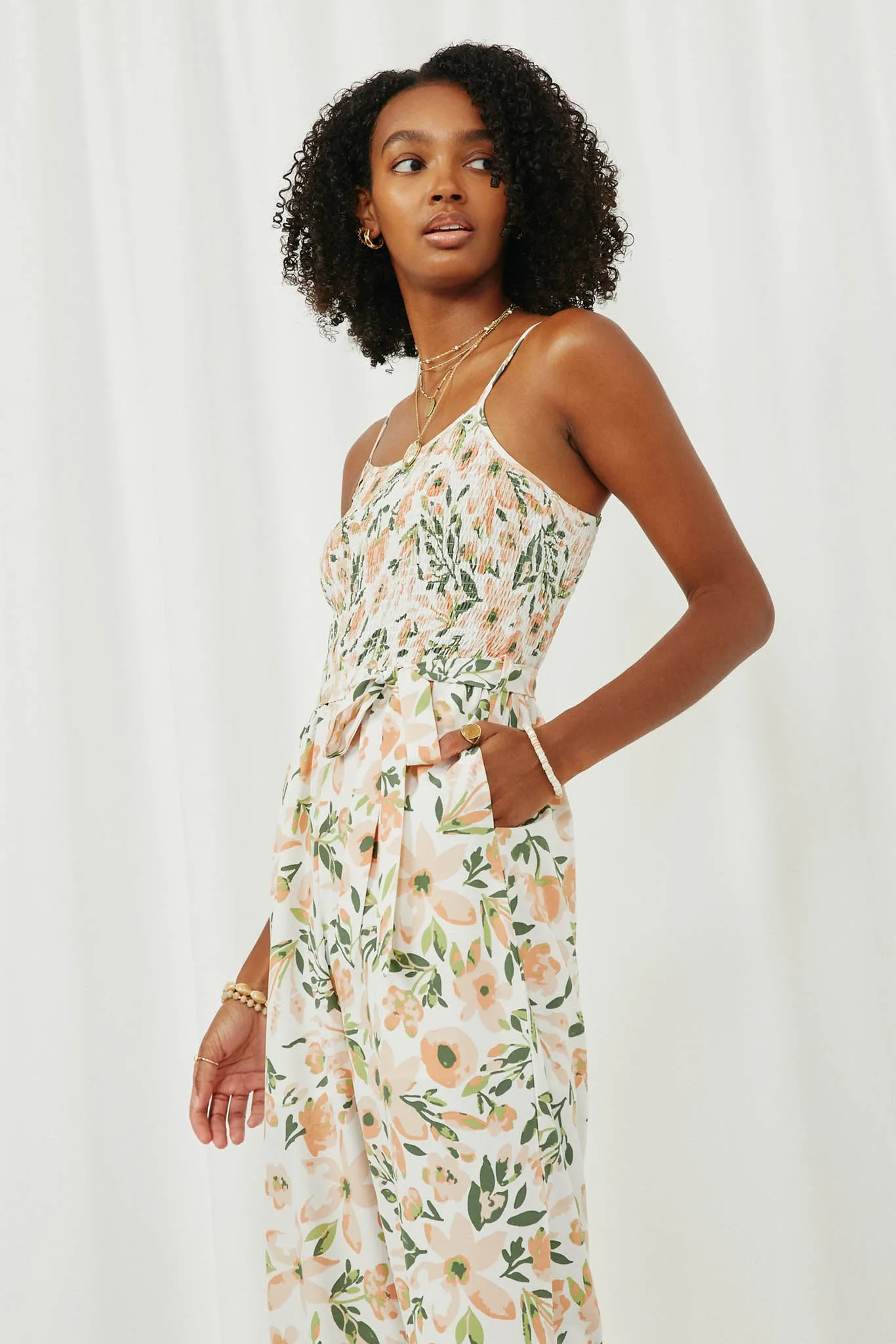 Floral Belted Ruffled Wideleg Smocked Jumpsuit