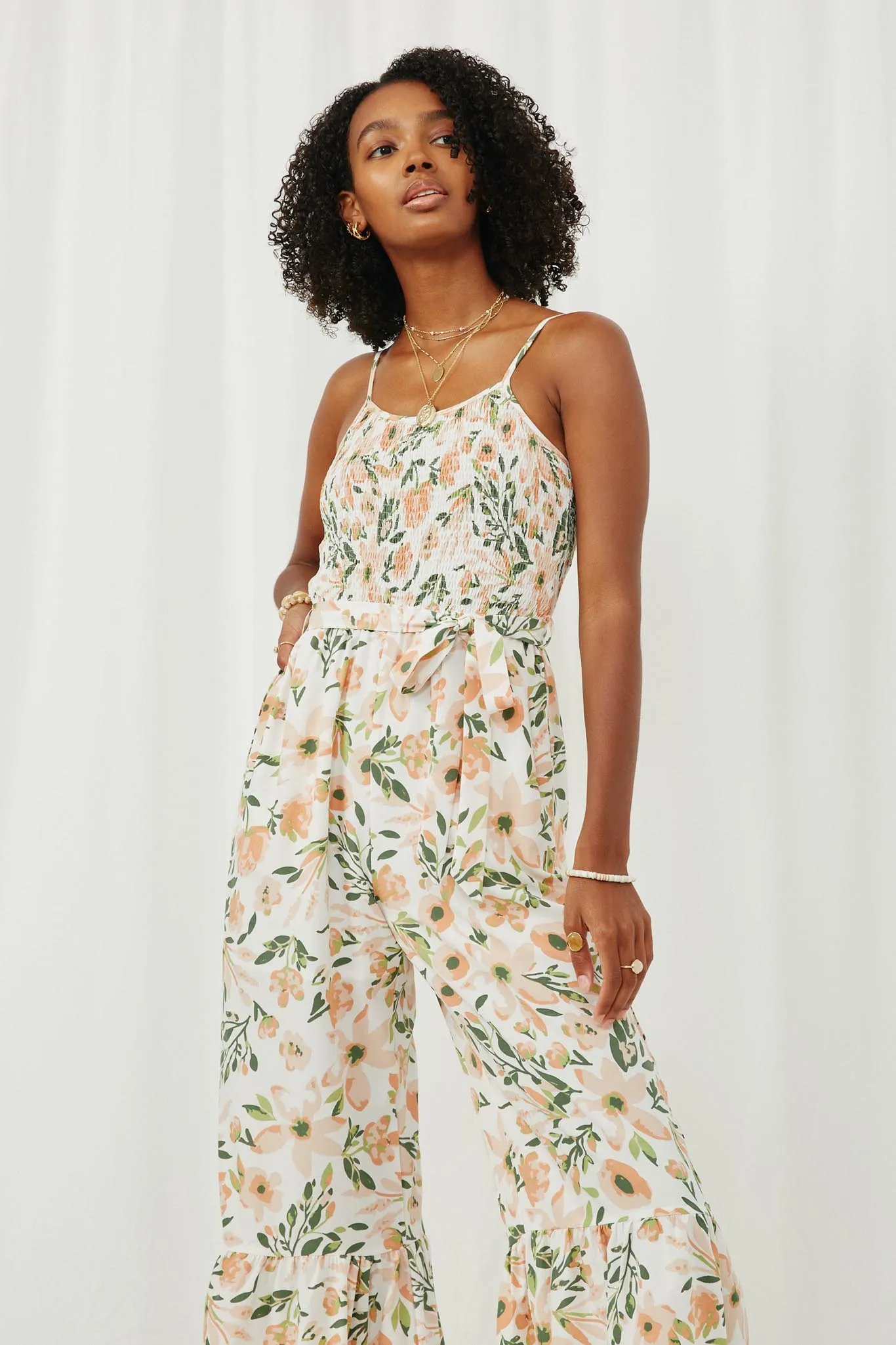 Floral Belted Ruffled Wideleg Smocked Jumpsuit