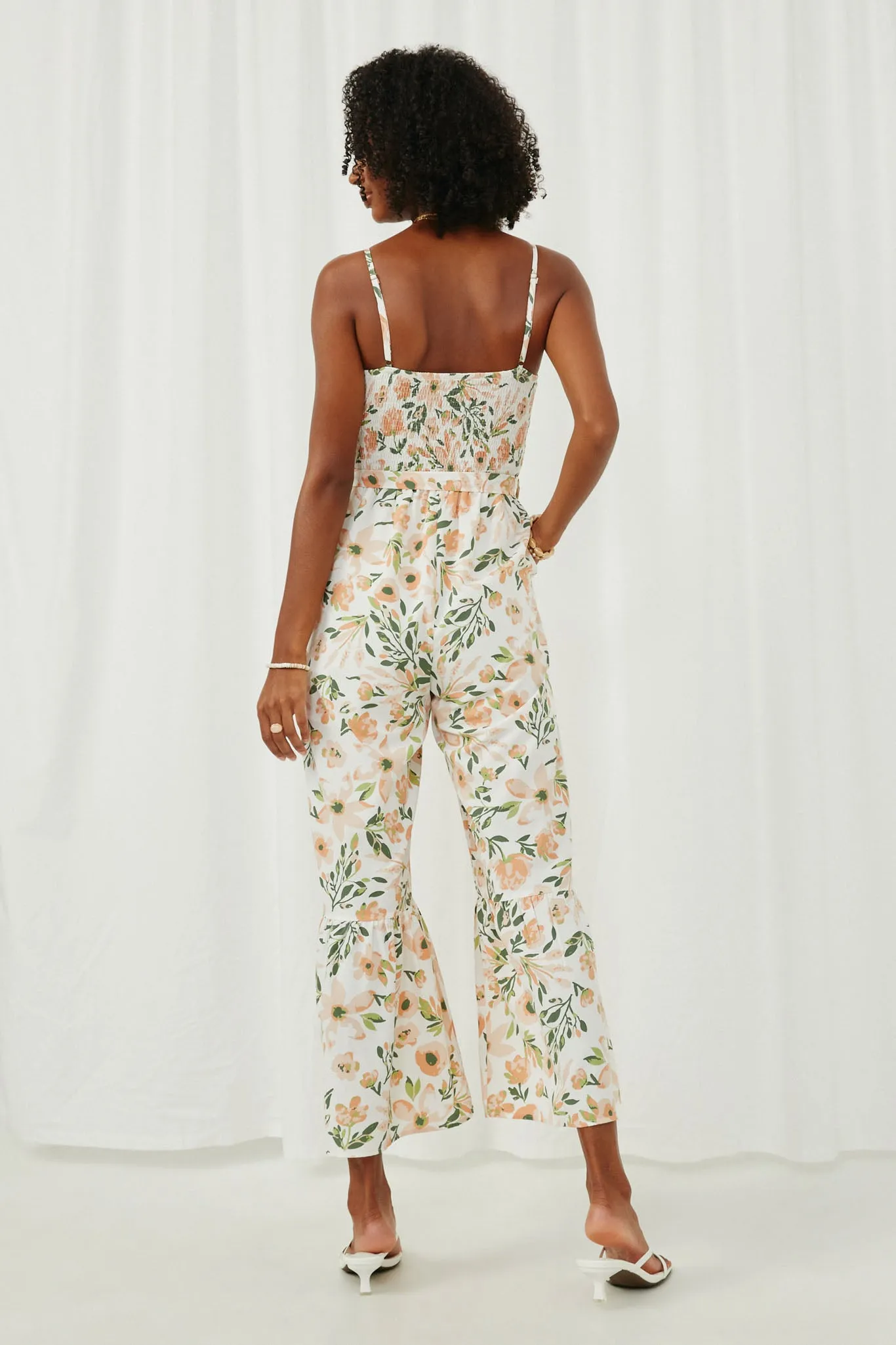 Floral Belted Ruffled Wideleg Smocked Jumpsuit