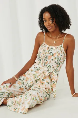 Floral Belted Ruffled Wideleg Smocked Jumpsuit