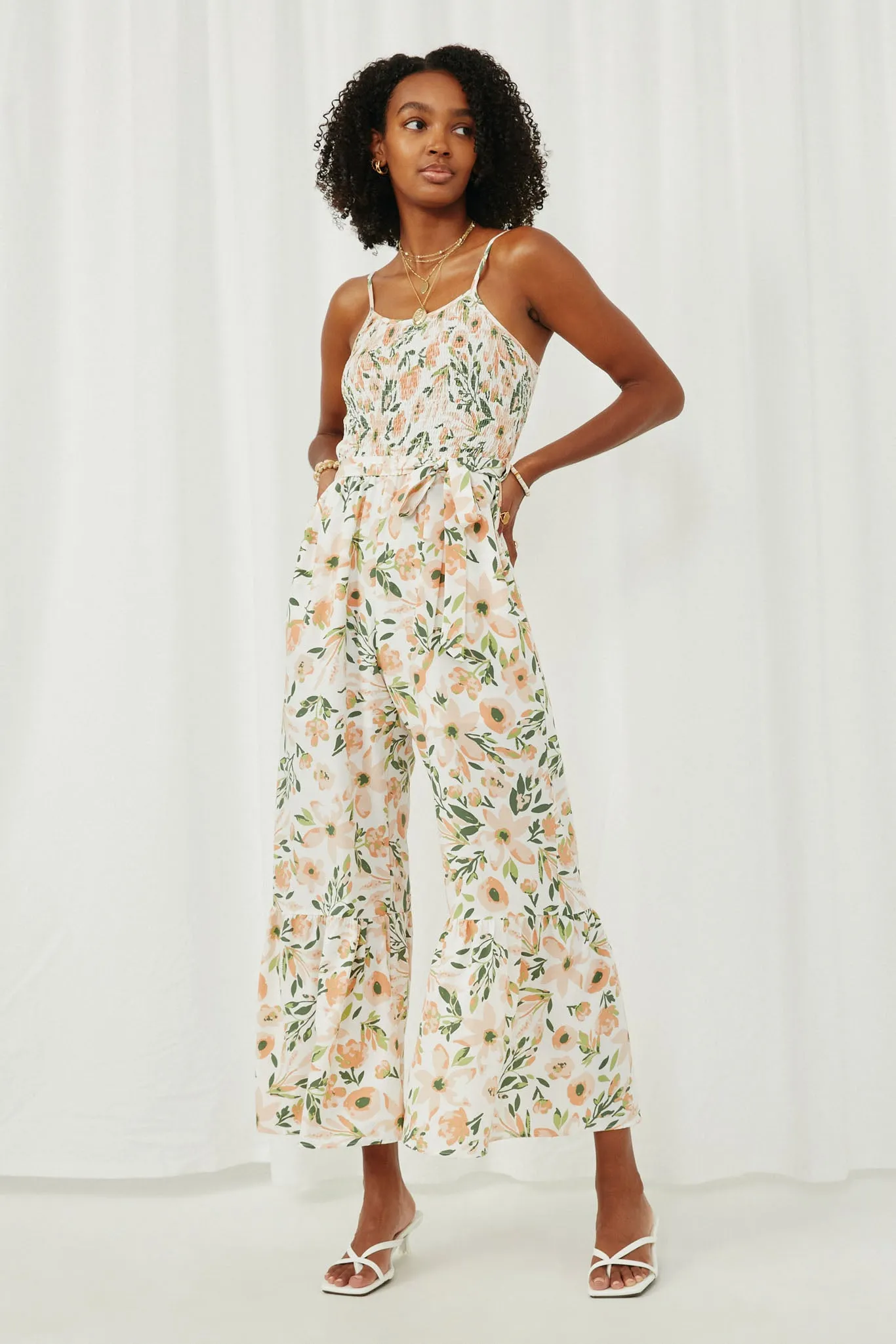 Floral Belted Ruffled Wideleg Smocked Jumpsuit