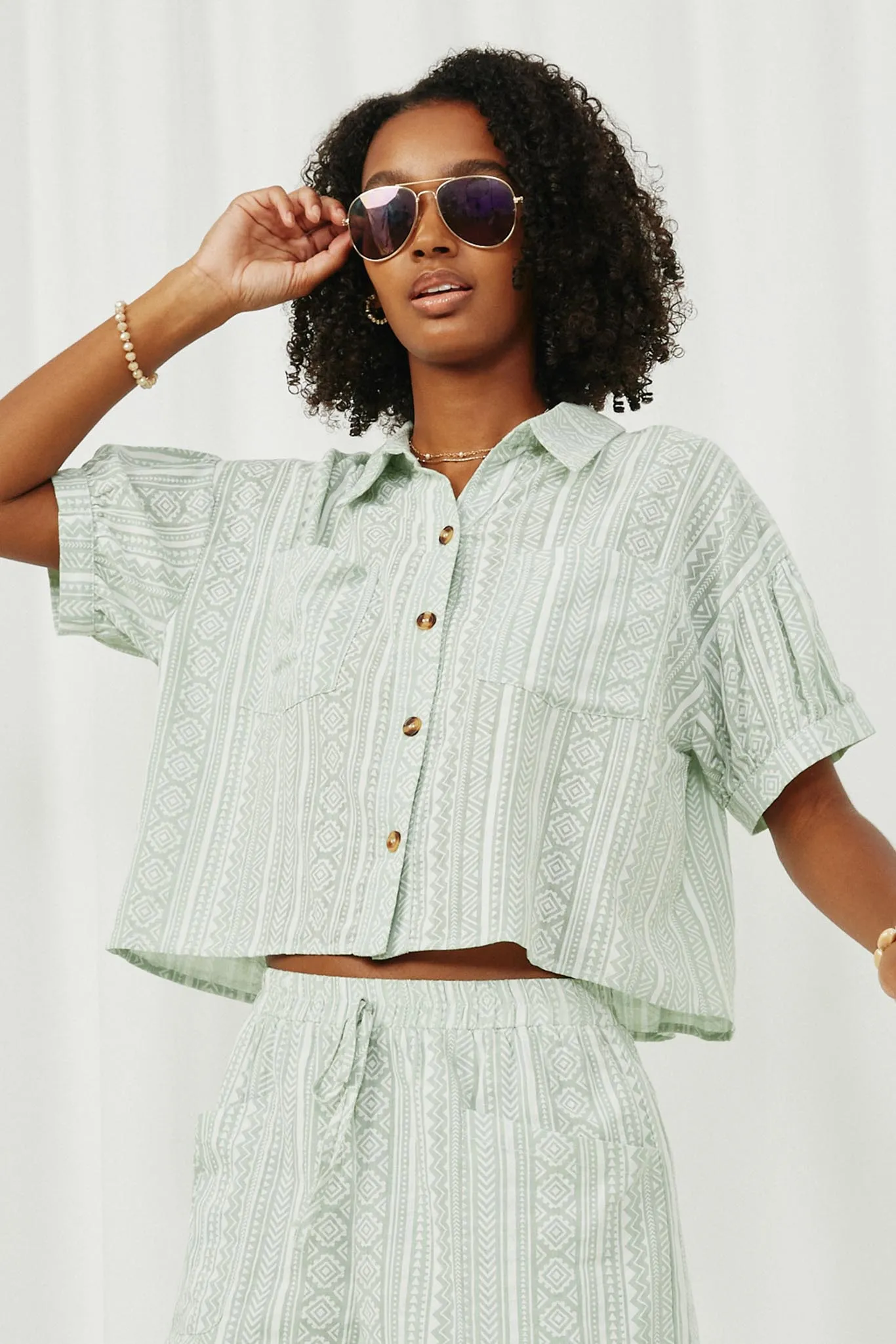 Geometric Print Short Sleeve Button Up Shirt