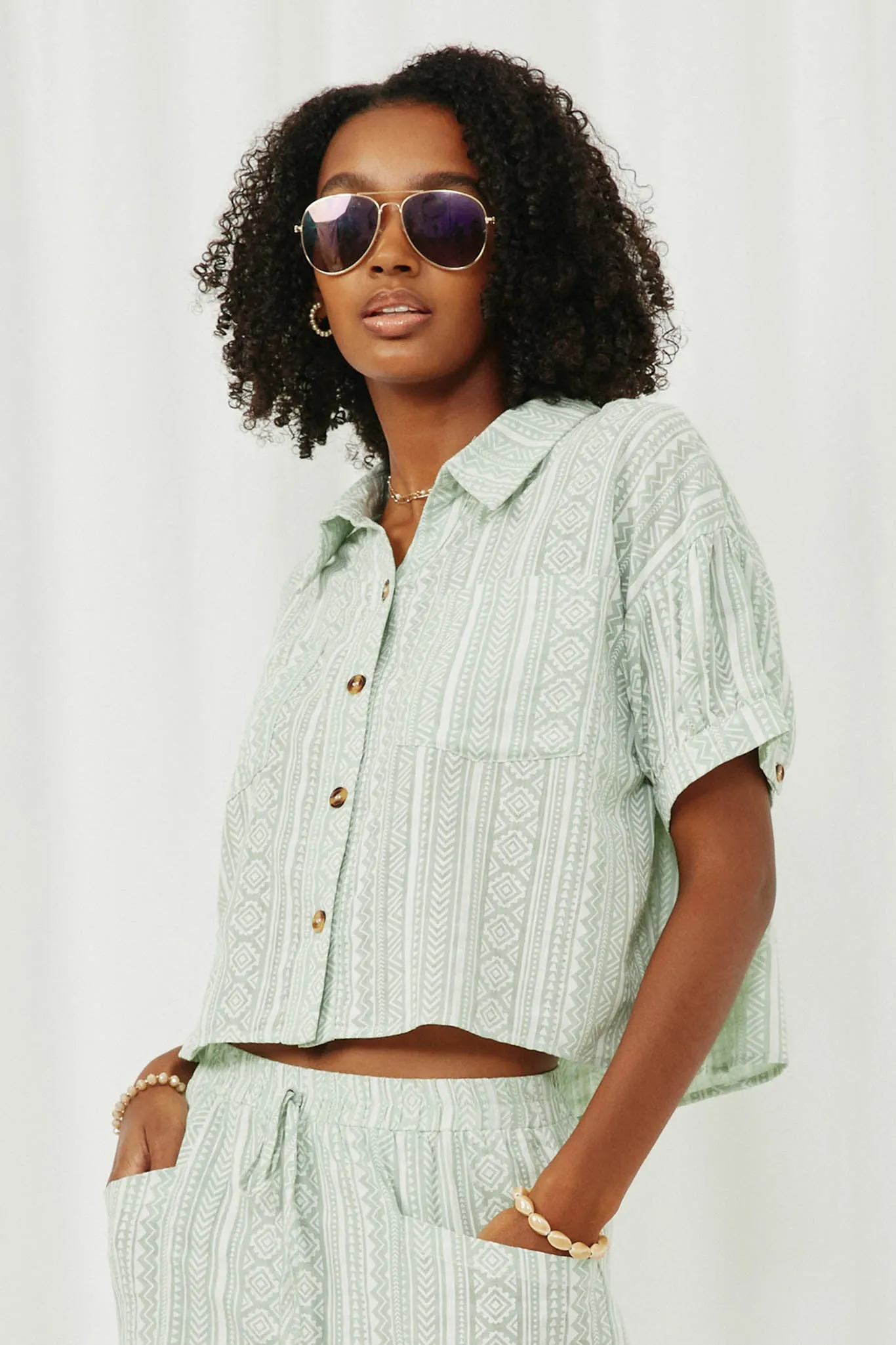 Geometric Print Short Sleeve Button Up Shirt