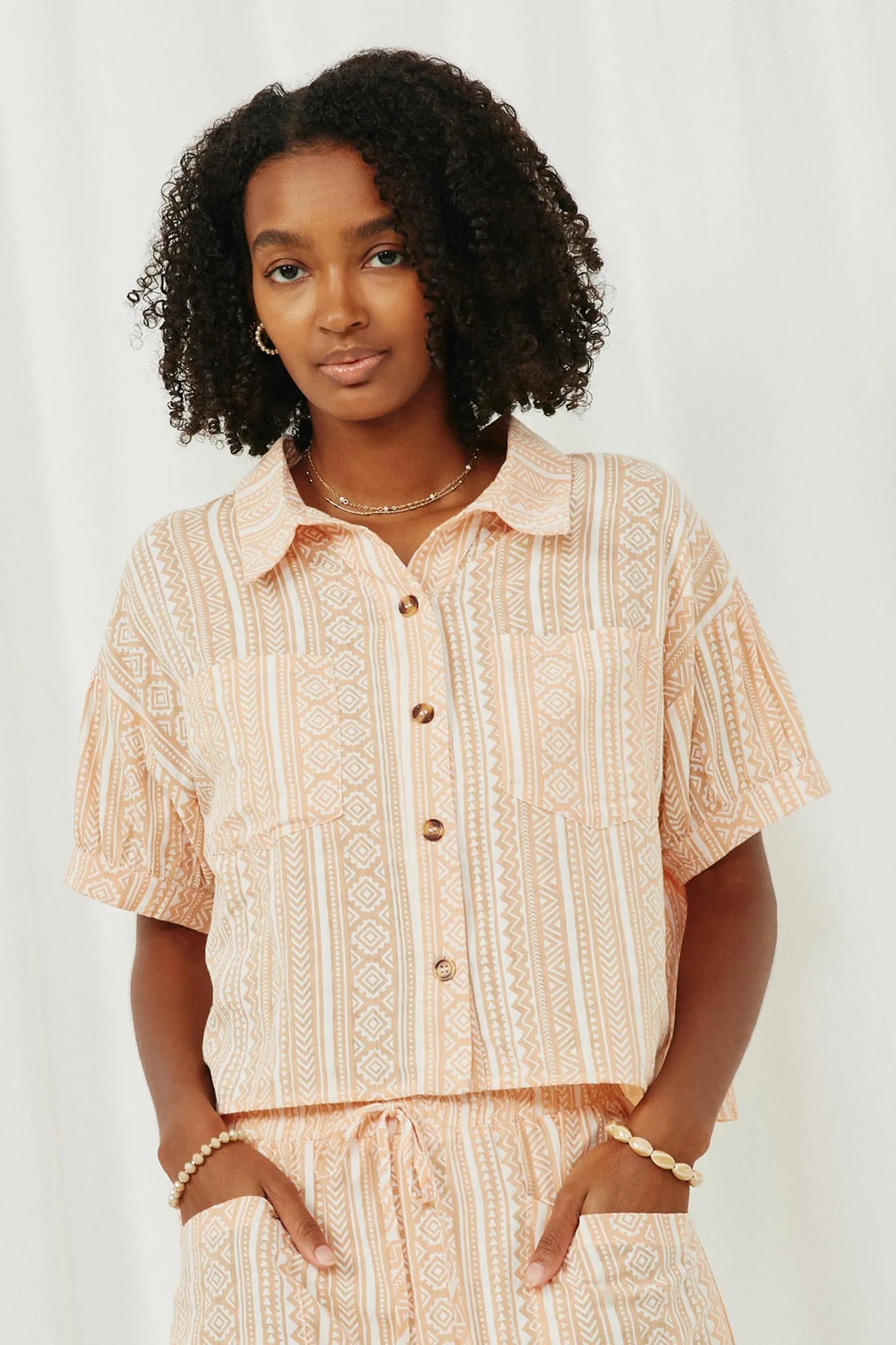 Geometric Print Short Sleeve Button Up Shirt