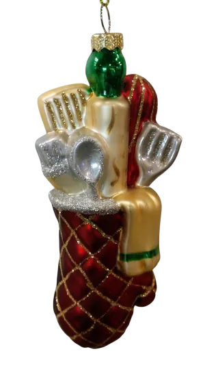 Glass red & gold oven mitt ornament