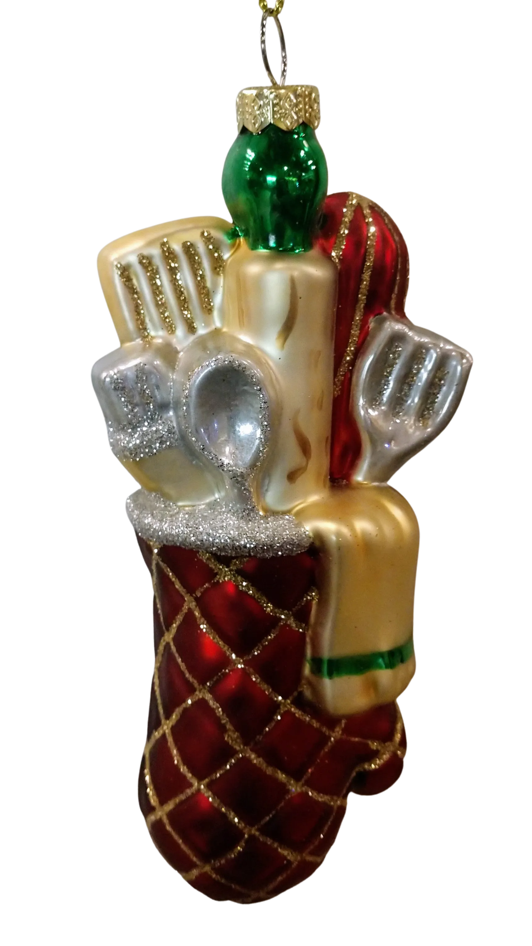 Glass red & gold oven mitt ornament