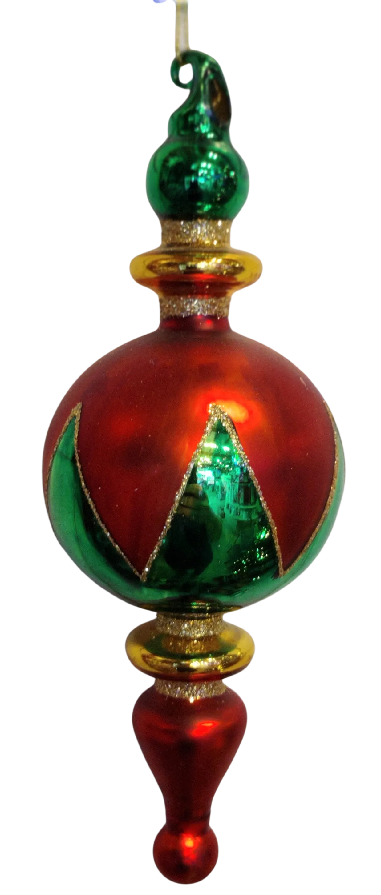 Glass Red/Green/Gold Finial Ornament 8"