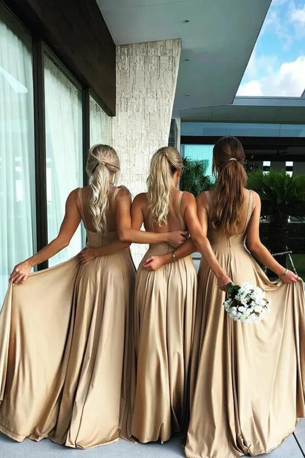 Gold Spandex A-line Sweep Train Bridesmaid Dresses, Wedding Party Dress, BD124