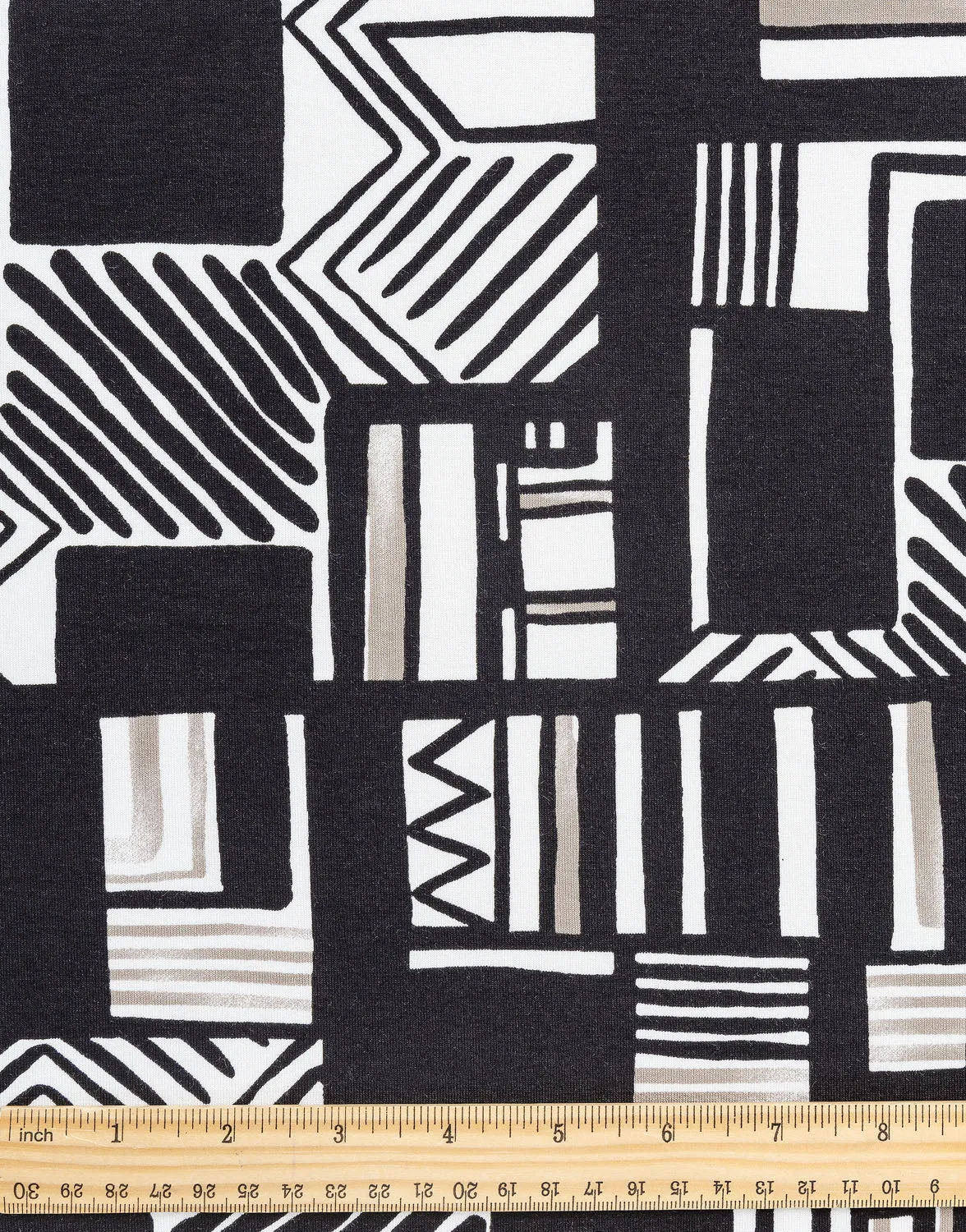 Graphic Shapes Viscose Knit Print Designer Deadstock - Taupe   Black   Cream - Swatch