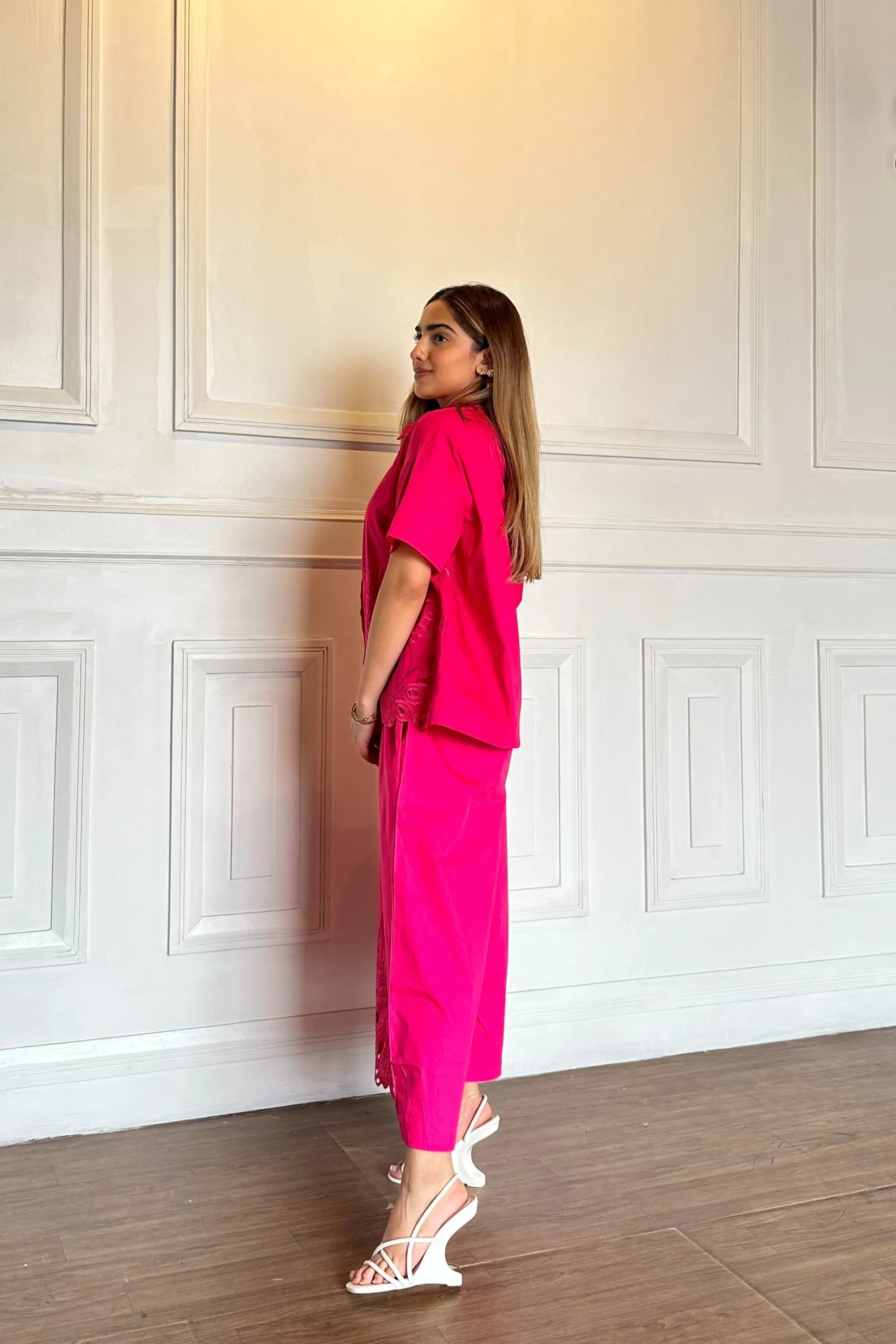 Hot Pink Cut Work Cotton Coord Set