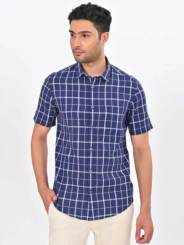 Men Checked Half Sleeve Linen Blend Shirt