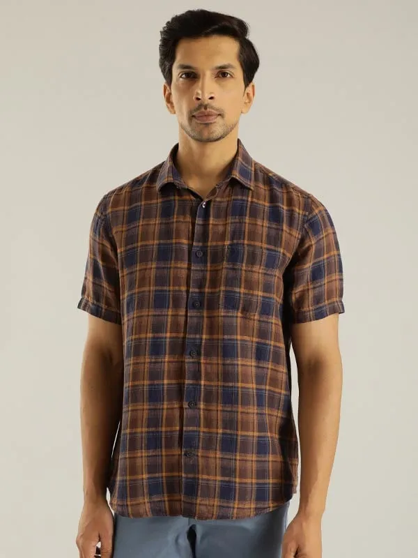 Men Checked Half Sleeve Linen Shirt