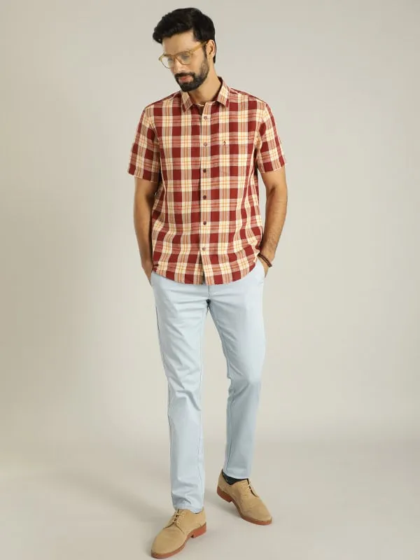 Men Checked Half Sleeve Linen Shirt