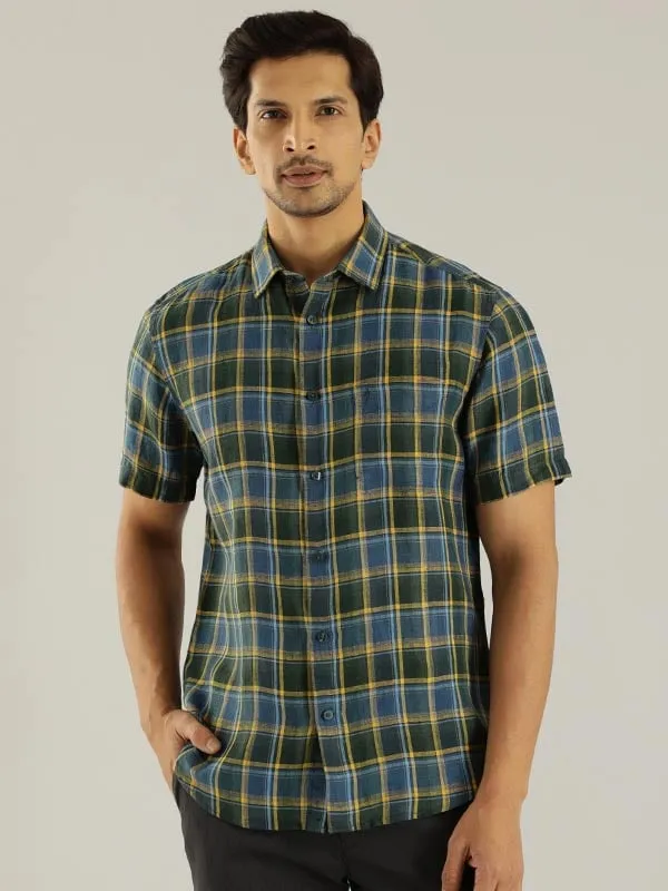 Men Checked Half Sleeve Linen Shirt