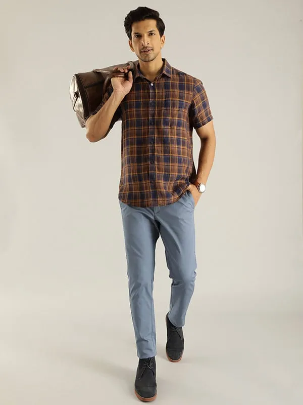 Men Checked Half Sleeve Linen Shirt