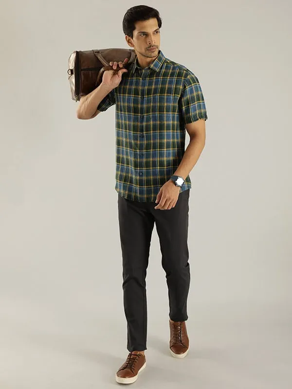 Men Checked Half Sleeve Linen Shirt