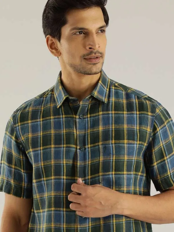 Men Checked Half Sleeve Linen Shirt