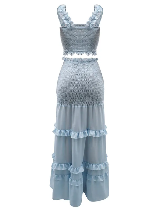 Momnfancy Blue 2-in-1 Shirred Ruffle Boy Baby Shower Party Maternity Maxi Tiered Dress