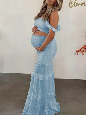 Momnfancy Blue 2-in-1 Shirred Ruffle Boy Baby Shower Party Maternity Maxi Tiered Dress