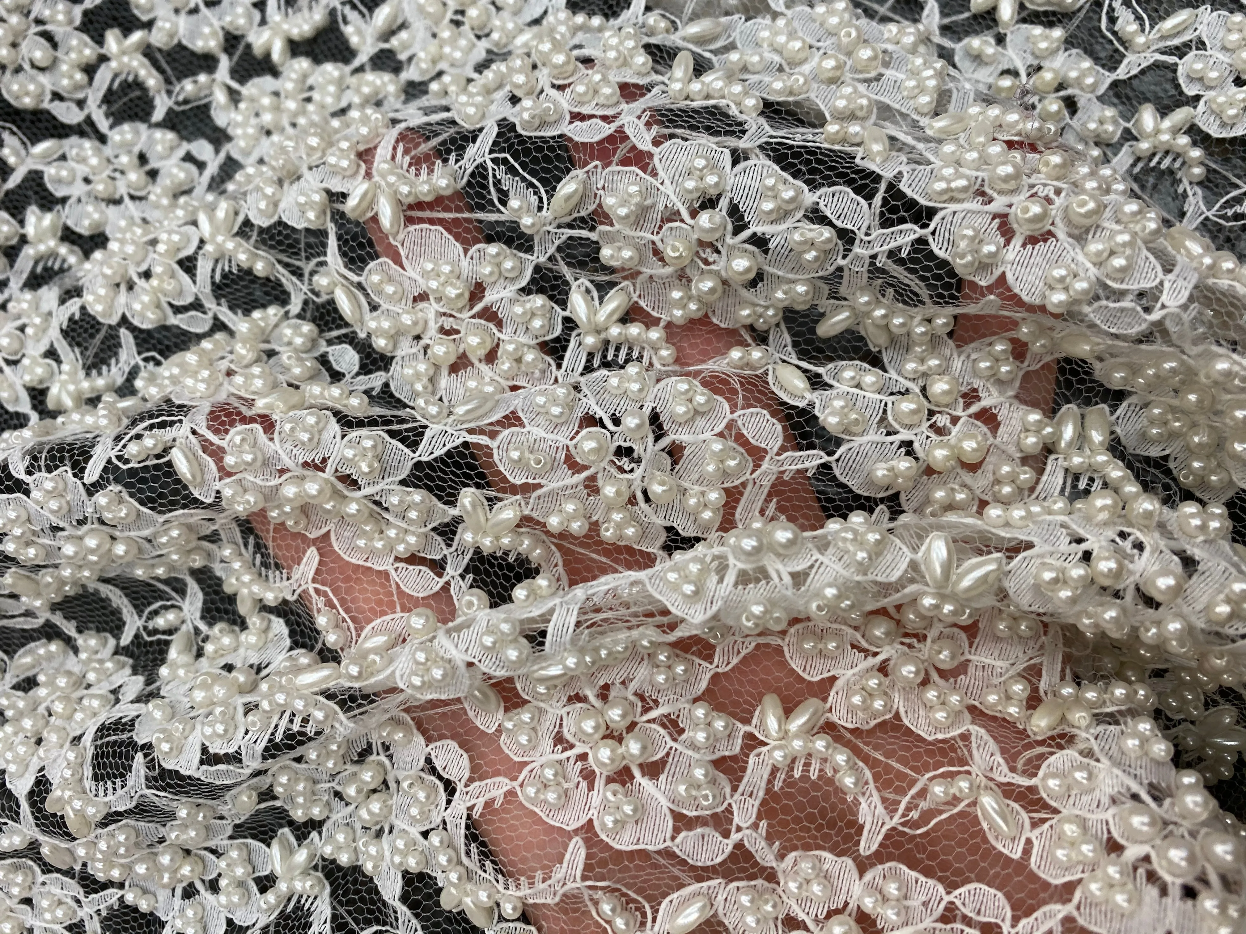 NEW Designer Bridal Beaded Mesh Floral Lace with Pearls Fabric