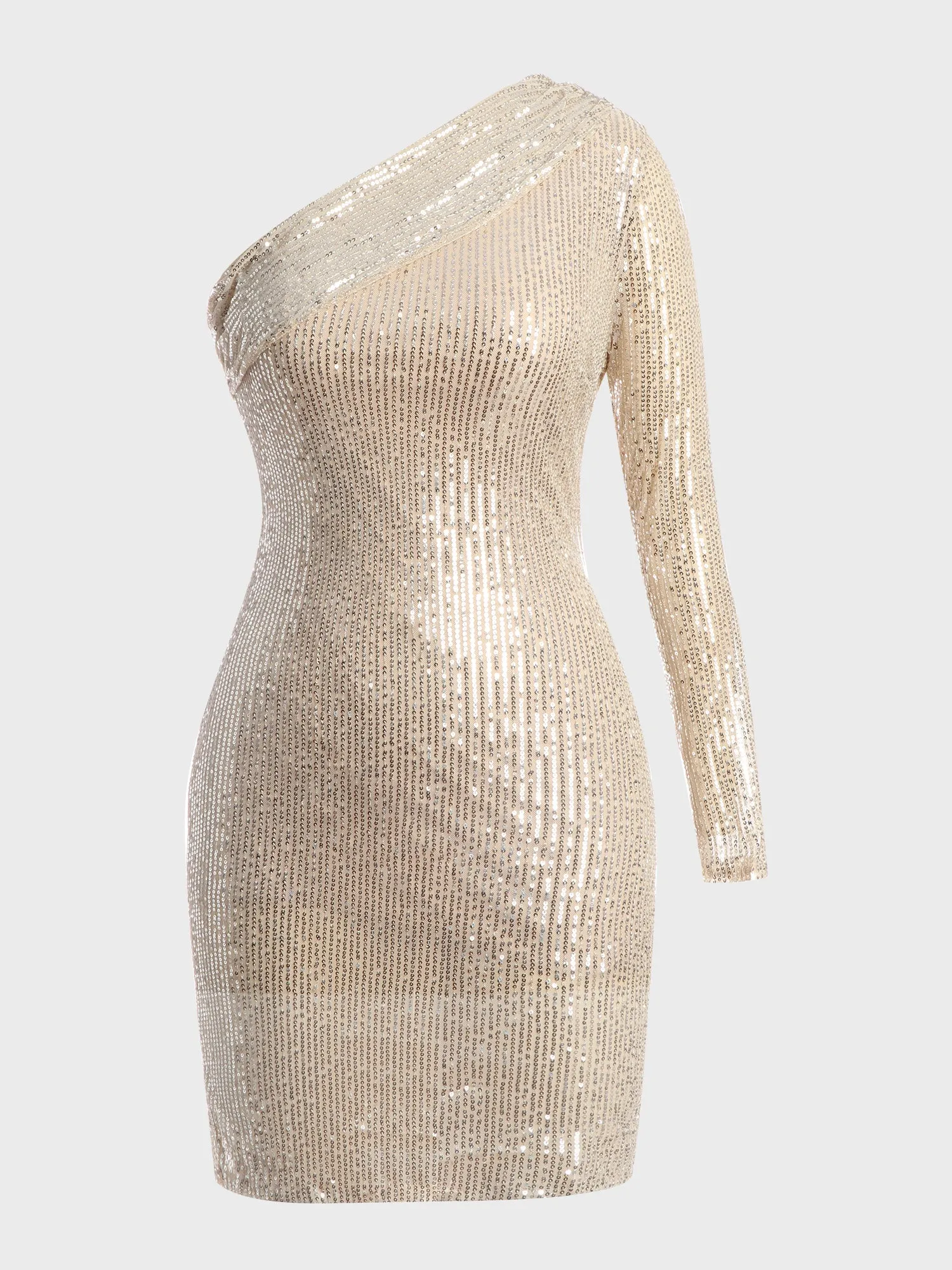 One-Shoulder Oblique Sequined Midi Dress (Gold)