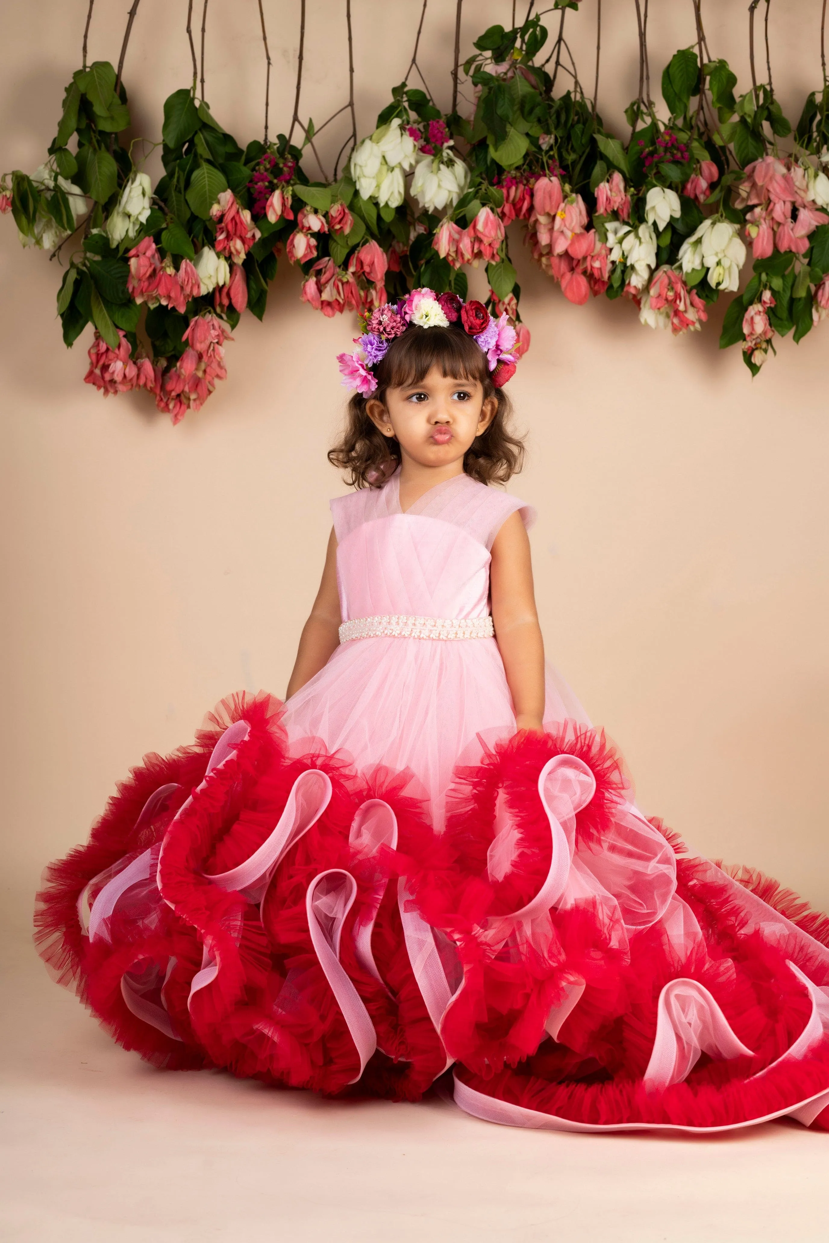 Pre-Order:  Pink Wine Trail  Ruffled Gown