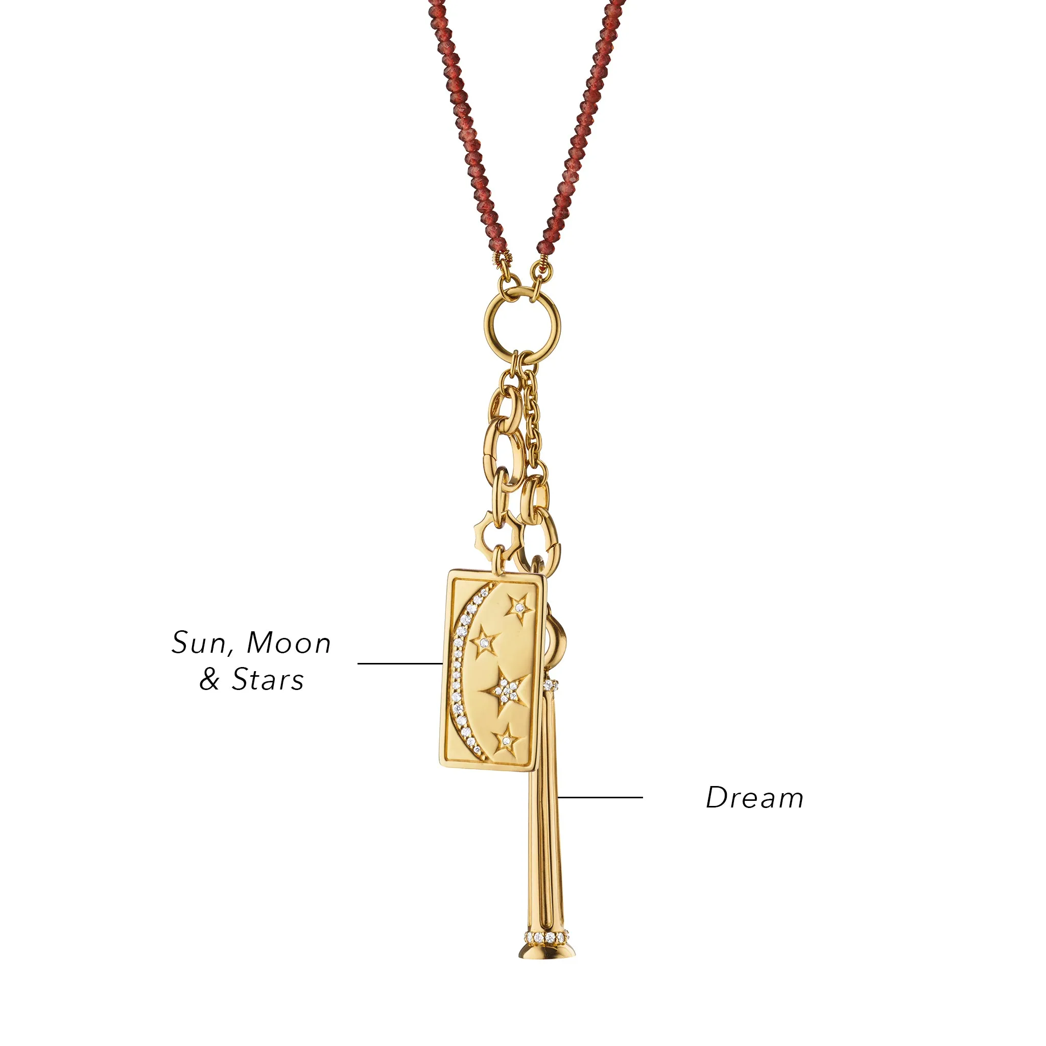 "Athena" Dream Column and Sun Moon and Stars Medallion Charm Necklace