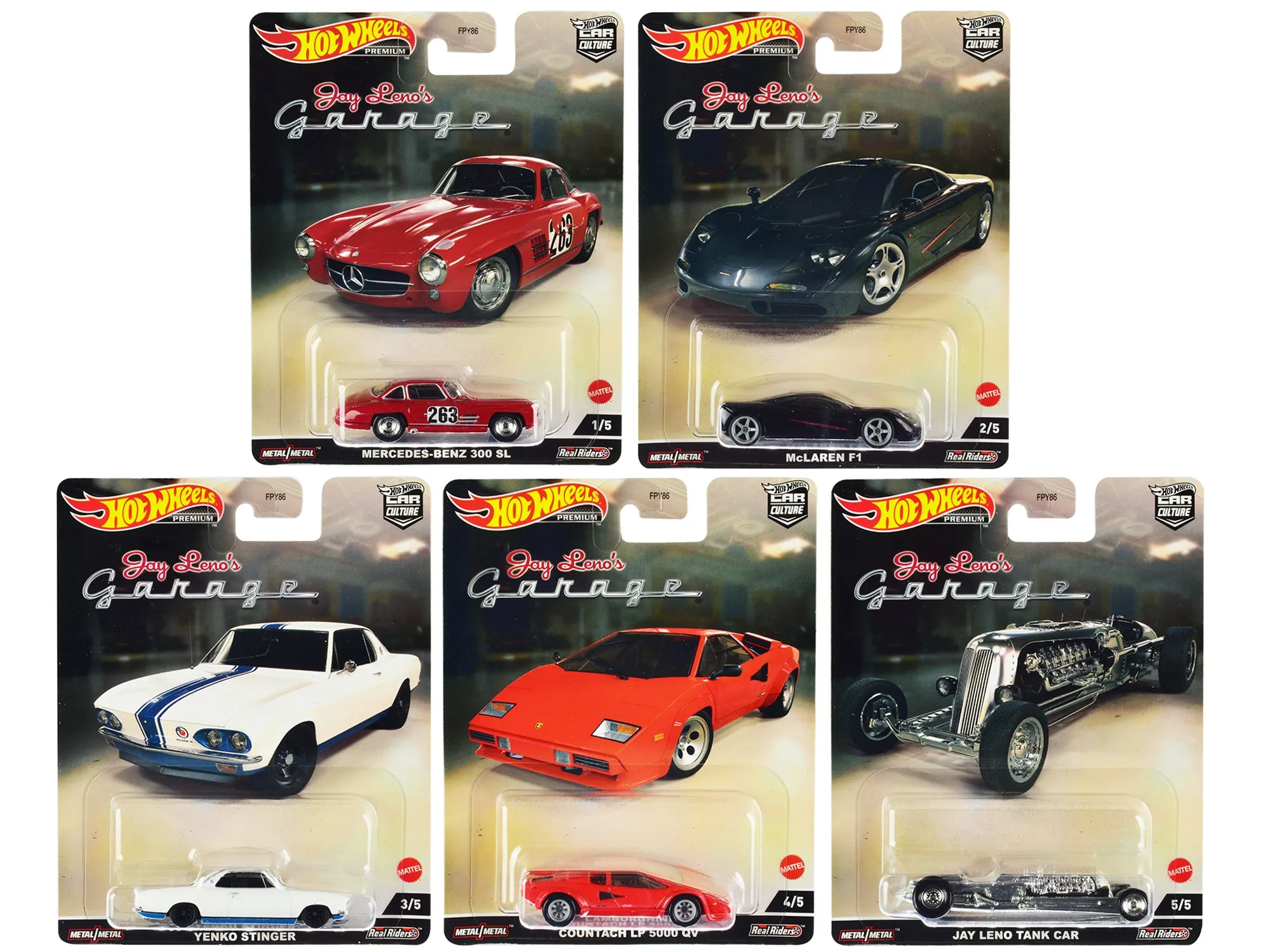 "Jay Lenoâ€s Garage" 5 piece Set "Car Culture" Series Diecast Model Cars by Hot Wheels