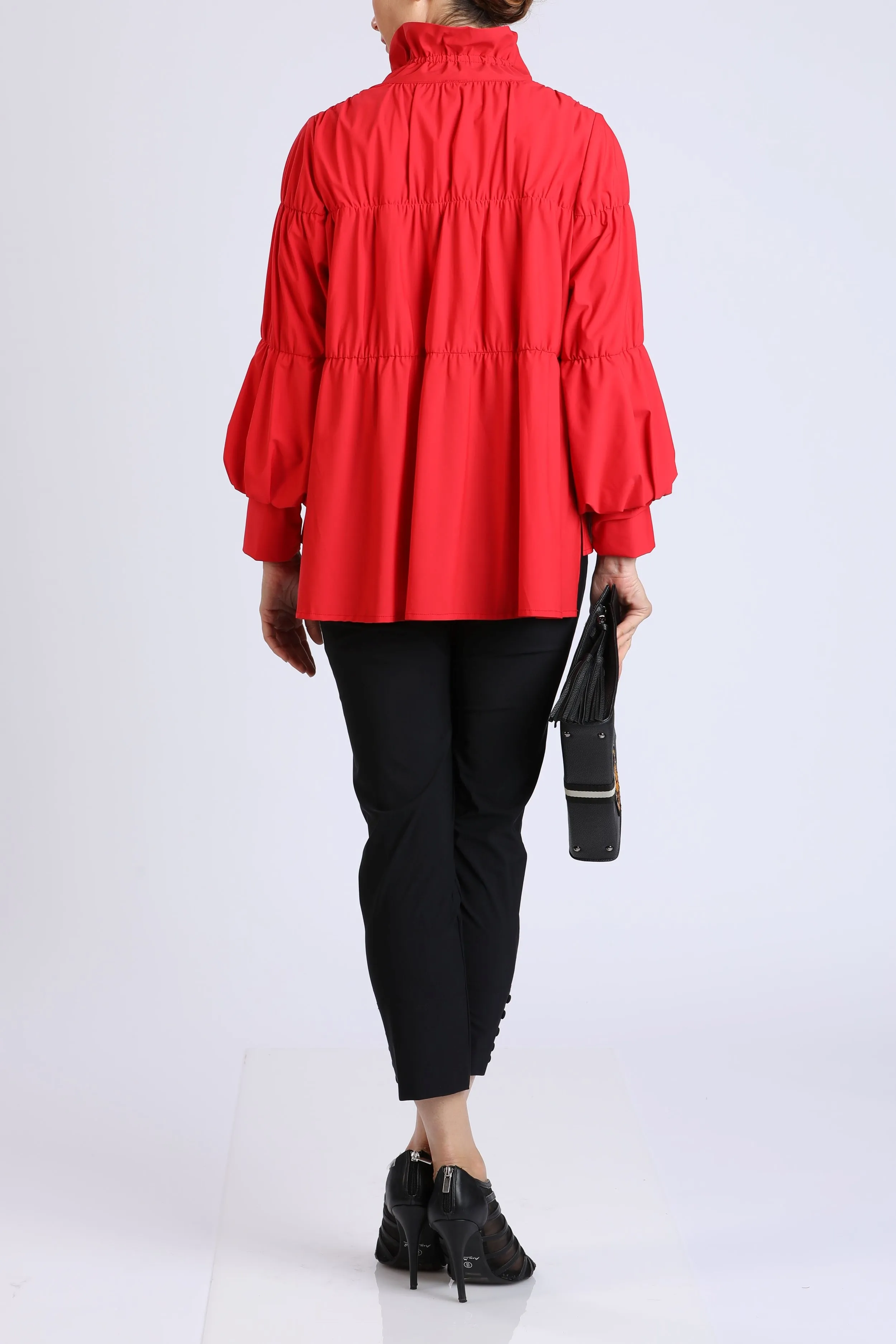 Red Shirred Sleeve Zip-Up Blouson Jacket