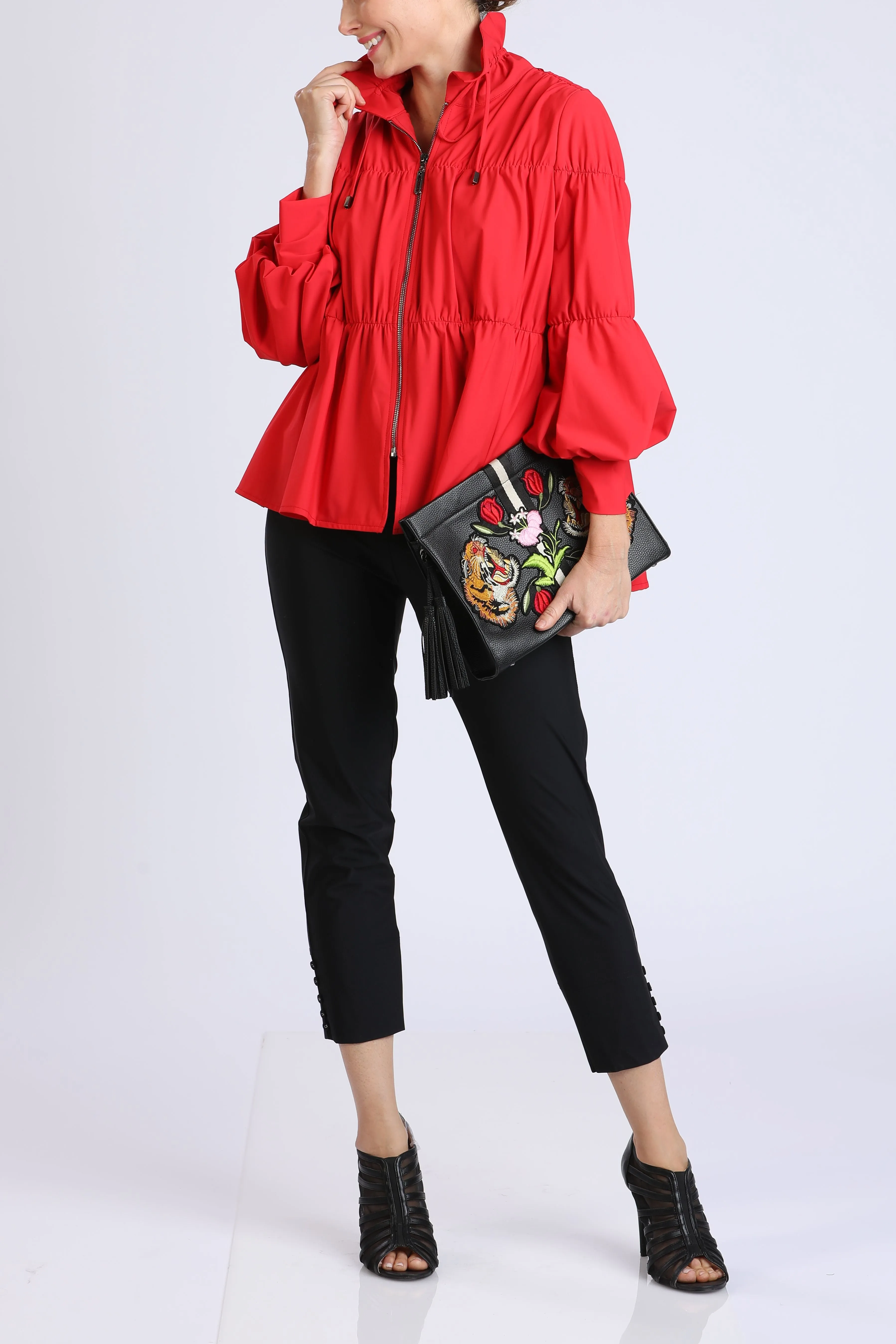 Red Shirred Sleeve Zip-Up Blouson Jacket