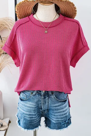 Rose Ribbed Round Neck Top