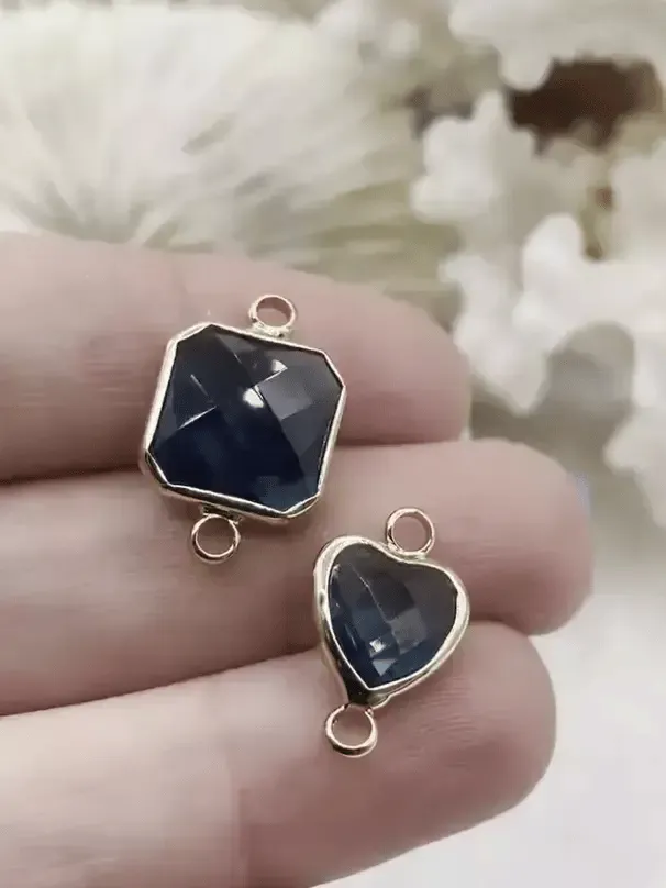 Small Blue Crystal Connector Charms. 2 styles, square or heart. blue crystal, gold soldering. Fast Shipping