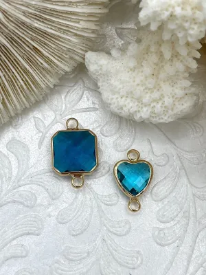 Small Blue Crystal Connector Charms. 2 styles, square or heart. blue crystal, gold soldering. Fast Shipping