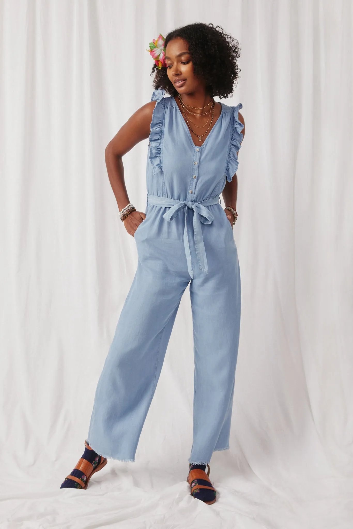 Tencel Buttoned Ruffle Tank Wideleg Jumpsuit