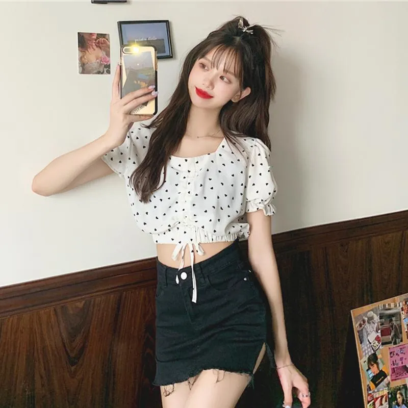 Women's Cute Polka-dot Square Collar Puff Sleeved Shirts